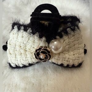 Black Camellia Designer Hair Clip W/ Pearl Detail